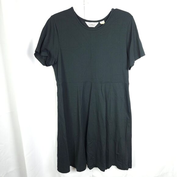 LL Bean Womens Large Petite Black Traveler Short Sleeve A-Line Midi Nylon Dress - Picture 1 of 6